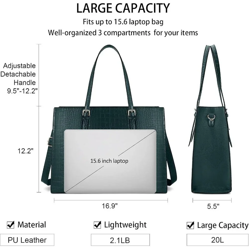 〽️Women Dark Green Leather Waterproof Professional Shoulder Bag 15.6 Inch